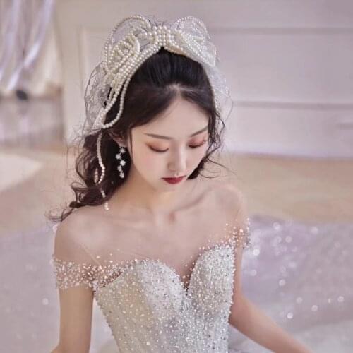 Handmade Exquisite Luxury Pearl Tassel Bow Hairpin Headdress Bridal Wedding Dress Accessories