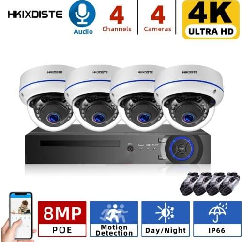 4CH 4K HD POE Video Surveillance Cameras System H.265 8MP POE NVR With Audio Record Outdoor Waterproof Security IP Cameras P2P