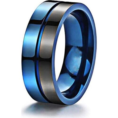 8mm blue grooved stainless steel jewelry mens ring two-color vacuum plating fashion creative jewelry accessories