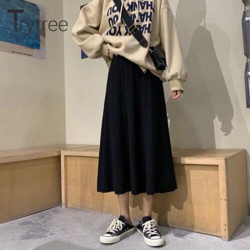Trytree Spring Summer Casual Skirt Women knitted Solid Striped Mid-Calf Elastic Waist Skirts A-Line Geometric pattern Skirt