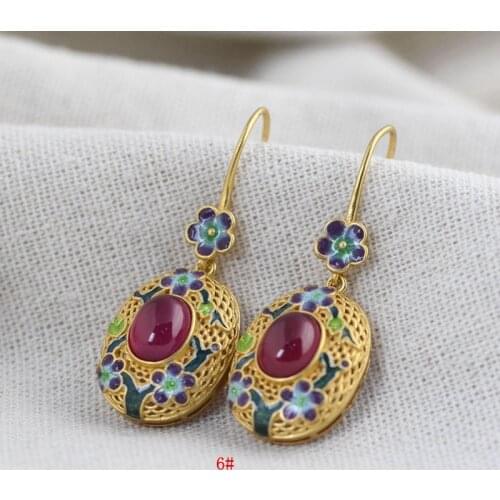 FNJ Cloisonne Spend December Drop Earrings 925 Silver Original Pure S925 Sterling Silver Earring for Women Jewelry Rose Corundum