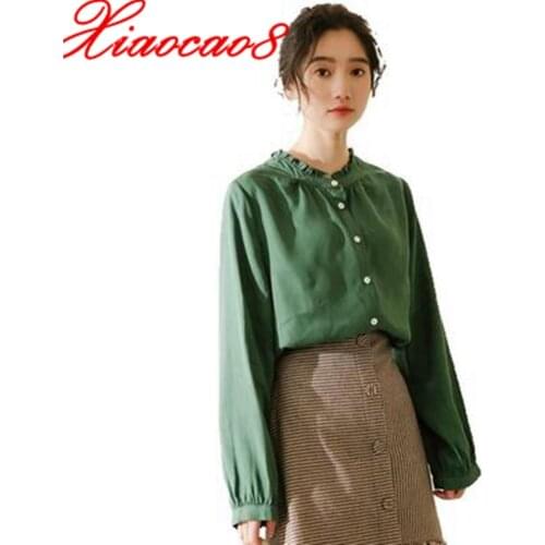 2021 Spring Women Long Sleeve Tops Elegant Solid Lace Collar Shirt Female Cotton Button Blouse Green White