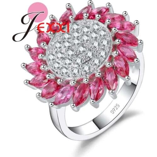 Fascinating Clear AAA+ Zircon Sunflower Ring Women Red/White Color Crystal Finger Ring 925 Sterling Silver Jewelry