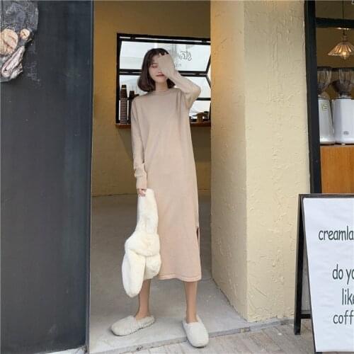 Women Maxi Dress Long Sleeve Loose Sweater Dresses Side Slit Knit Dress Women Autumn Winter