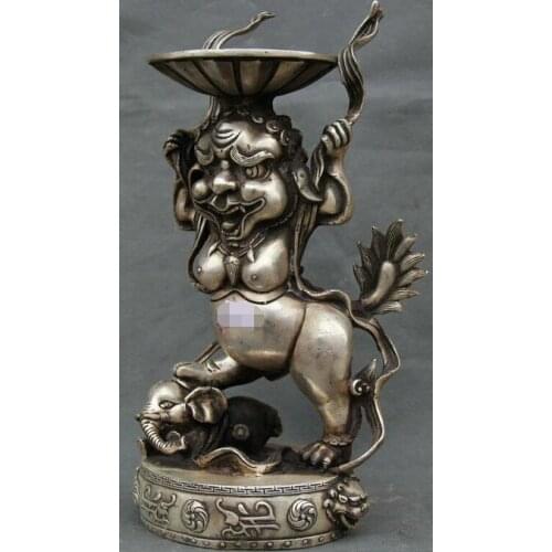 12" Chinese Silver Foo Fu Dog Guardion Lion Elephant Candle Holder Candlestick