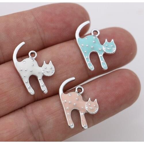 5Pcs Enamel Silver Plated Pink Cat Charm Pendant for Jewelry Making Earrings Bracelet Necklace Accessories DIY Findings