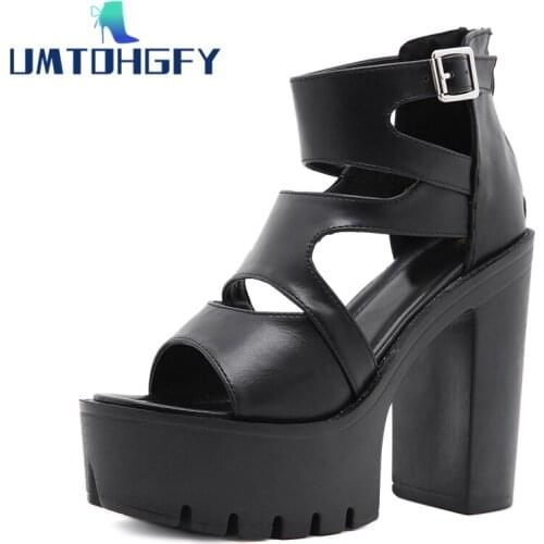Female Girls Party Wedding Genuel Leather Thick Sole Sandals Gladiator Platform Heel Peep Toe Black Chunky Sandals Women Summer