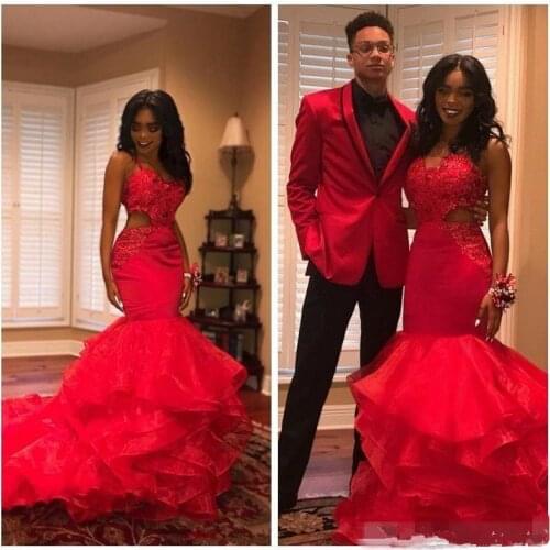 Black Girls red Prom Dresses 2019 Party Wear Cutaway Lace Appliques Beads Tiered Mermaid Evening Gowns Vestidos prom dress