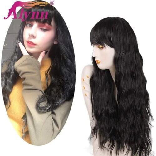 Alynn Long Water Wave Wig Synthetic Black Hair Wig With Bangs Natural Hairline Daily Cosplay Wigs For Women Heat Resistant Fiber