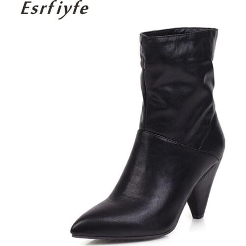 ESRFIYFE New Fashion Ankle Boots Large Size 35-47 High Heel Women Western Boots Pointed Toe Winter Short Boots Black Woman Shoes