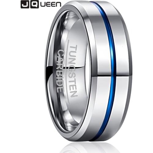 8MM Width Tungsten Carbide Ring 2.3MM Thick Steel Color Full Polished Blue Groove with Angled Tungsten Steel Mens Ring