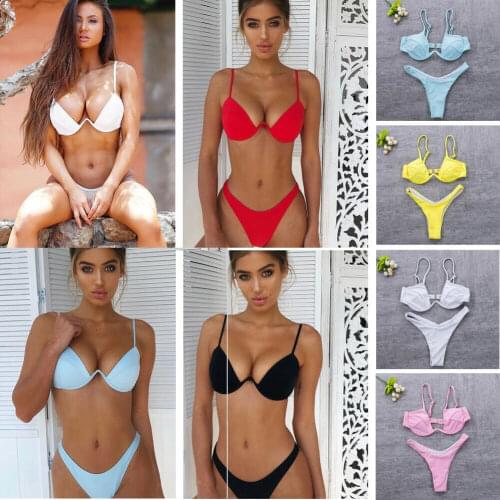 Women Fashion Padded Bra Bikini Set Swimsuit Ladies Solid Bandage Push-up Triangle Swimwear Bathing Suits Biquini Swimwear