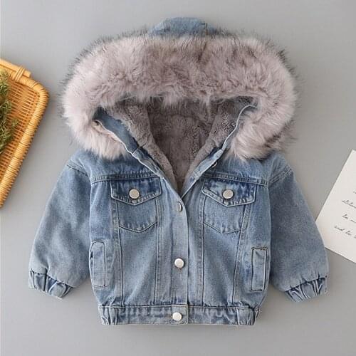 2021 Autumn Thicken Warm Baby Girls Denim Jacket Long Sleeve Hooded Coat For Kids New Childrens Winter Clothes Baby Boys Coat