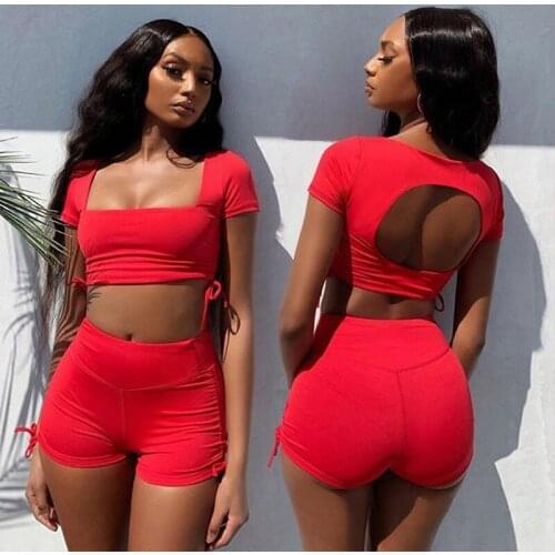 Summer Two Piece Set For Womens T Shirts U Neck Tank Top Skinny Fitness Shorts Casual Club Outfits Sexy 2 Piece Matching Set