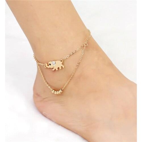 Fashion Crystal Lucky Alloy Elephant Pendant Beads Chain Double Anklet For Women Beach Body Jewelry Summer Style