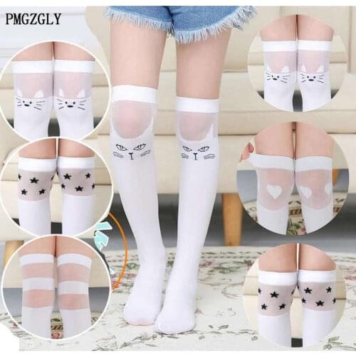 2 To 12 T White school girls socks cotton knee high long socks cartoon star/heart/stripe design princess socks Girl Socks