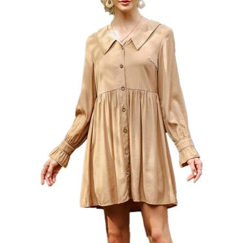 Pdfmily Khaki Elegant Fashion Peter Pan Collar Dresses Women Autumn Solid Long Petal Sleeve Single Breasted A Line Mini Dress