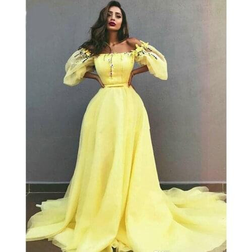 Off The Shoulder Tulle A-Line Evening Dresses 2019 New Saudi Arabic Prom Dress With Puffy Sleeves Party Gowns Vestido De Fiesta