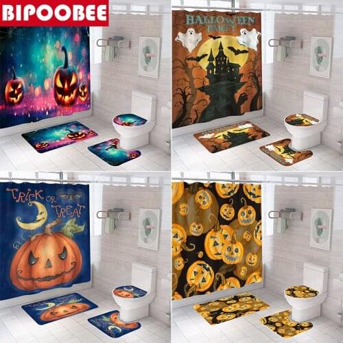 Halloween Devil Pumpkin Shower Curtain Holiday Party Bathroom Decoration Anti-skid Rugs Bath Mats Toilet Cover Bathtub Curtains