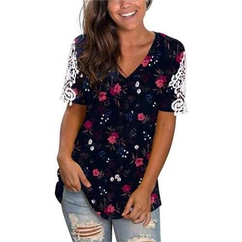 Womens V Neck Hollow Lace Cuffs Tops Flower Printing Short Sleeve Blouse Tops Tee Shirt Summer Clothes camisetas de mujer g4