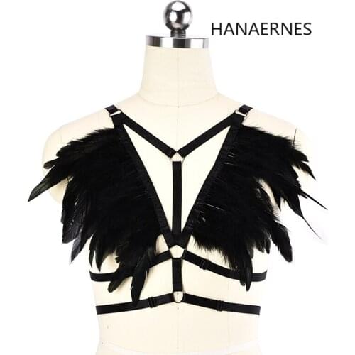 Woman big feather sexy suspender cage bra shoulder feather elastic adjustable underwear bandage hollow corset top