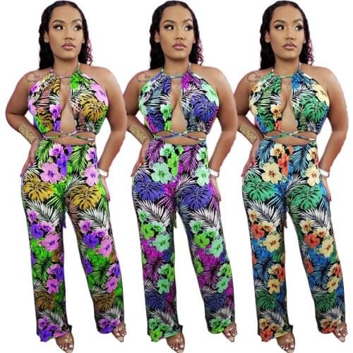 2021 Ins Internet Celebrity Famous Women Set 2Pcs Backless Print Sleeveless Hollow Out