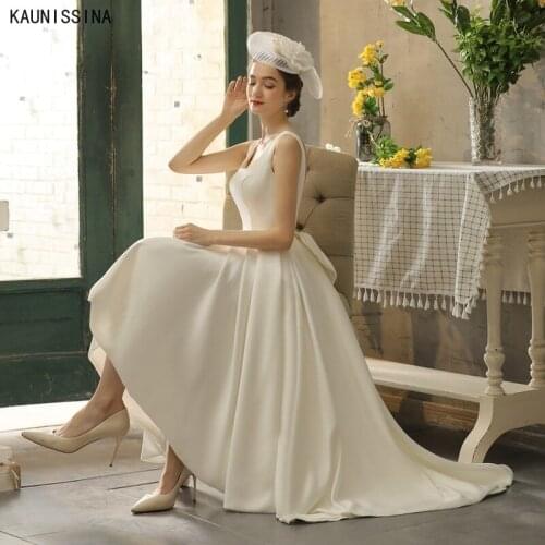 KAUNISSINA Simple High Low Wedding Dresses Square Collar Satin Marriage Dress Robe De Mariee Bow Backless Sexy Wedding Gowns