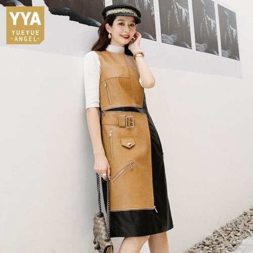 Womens Biker Real Leather Sleeveless Dress Streetwear Slim Sheepskin Tank Dress Designer Punk Zipper Spliced A-Line Mid Dress