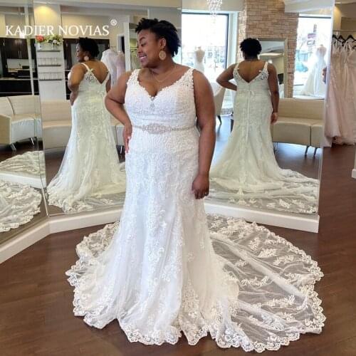 Long V Neck Plus Size African White Mermaid Lace Wedding Gowns 2020 Robe Mariage Femme