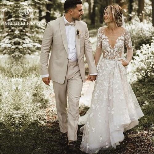 Michelle Royce A-Ling Wedding Dresses 2020 Sexy Deep V-neck Appliques Illusion Chapel Train Bridal Gowns Vestido De Noiva