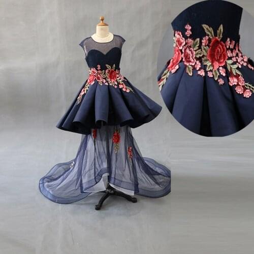 Latest evening dress Asymmetry rose flower Chinese style evening gown o neck long knee length with tulle long 2 layers dress