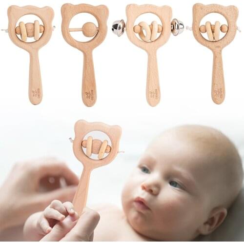 1 Pcs Wooden Rattle Beech Bear Hand Teething Ring Baby Rattles Play Stroller Toy Baby Educational Toys