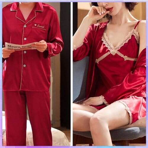 Couple Pajamas Sets Womens Dressing Gown Robe Set Ice Silk Nightdress Wedding Nightgown Man Long-Sleeved Sleepwear Pants 2pcs
