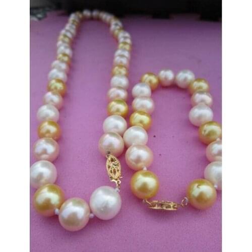 AAA 11-12 mm natural multicolor pearl necklace 18" bracelet 8" Yellow clasp