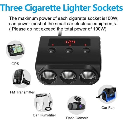 Auto Car Cigarette Lighter Socket 4 USB Port Phone Charger Car Charger Auto USB Cigarette Light 100W 3 Way 12-24V