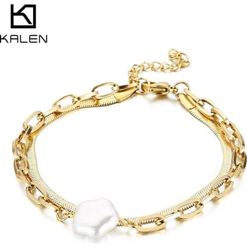 KALEN Stainless Steel Baroque Pearl Charm Bracelet Double Layer Gold Snake Chain Bracelet For Women Silver Fashion Bracelet