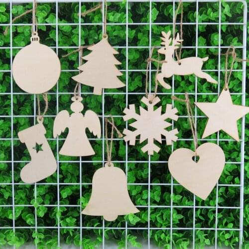DIY Wooden Hanging Pendants Natural Wooden Chip Discs Xmas Tree Socks Snow Elk Snowflake Angel Bells Hanging Ornaments with Hole