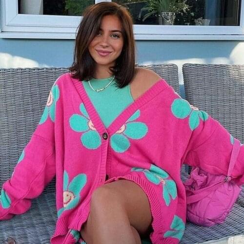 Foridol Oversize Harajuku Flower Print Long Cardigans Y2K Casual Loose Floral Sweater Knitwear Cardigan Autumn Winter Jersey