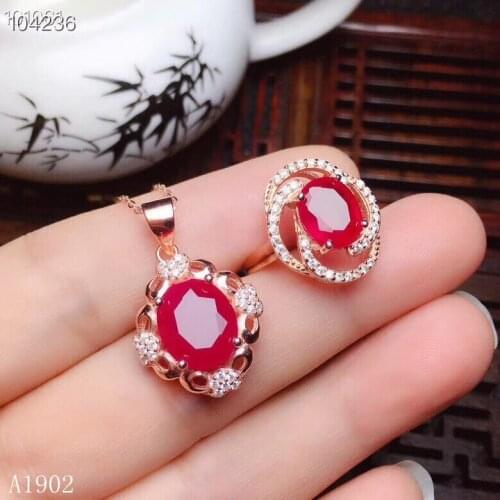 KJJEAXCMY boutique jewels 925 sterling silver inlaid natural ruby female ring necklace pendant set support test