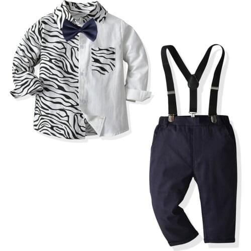 Boy Gentleman Suit Spring Autumn Boy Clothes Formal Suit Long-sleeved T-Shirt Blue Tie Dark Blue Strappy Trousers Four-piece Set