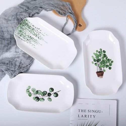 Nordic Creative Green Plant Fish Plate Household Rectangular Plate Ceramic Plate Corner Plate Tableware Bowl Dish & Plate Set
