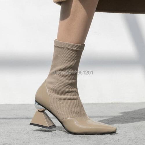 Fashion Design Stretch Sock Boots Ankle Strange Fretwork Heels Point Toe Knitted Slim Boots Black Apricot Pumps Size 34 - 40