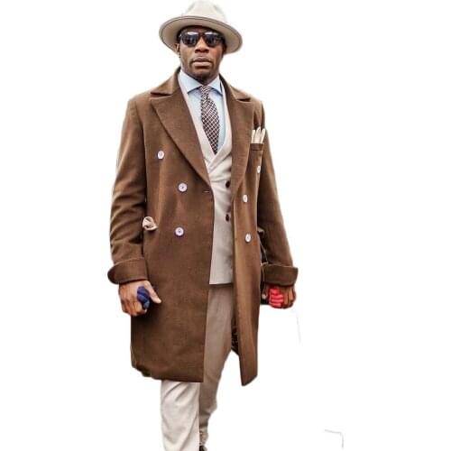 Mens Overcoat Woolen Warm Streetwear Double Breasted Slid Thick Loose Long-Length Casual Trench Winter Coat Male Jacket