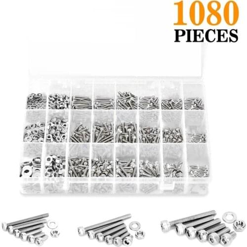 1080pcs Hex Socket Head Cap Screw Set M2 M3 M4 304 Stainless Steel Hexagon Flat Round Cap Head Screw Nut Washers Kit Assortment