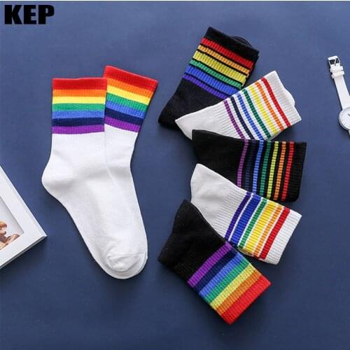 Unisex Rainbow Stripe Winter Women Socks Beautiful Kawaii Girls Comfortable Harajuku Casual Chrismas Hipster Hosiery Men Socks