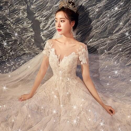 2021 New O Neck Wedding Dress With Sweep Train Shining Sequins Lave Bridal Ball Gown Plus Size Custom Made Vestido De Noiva