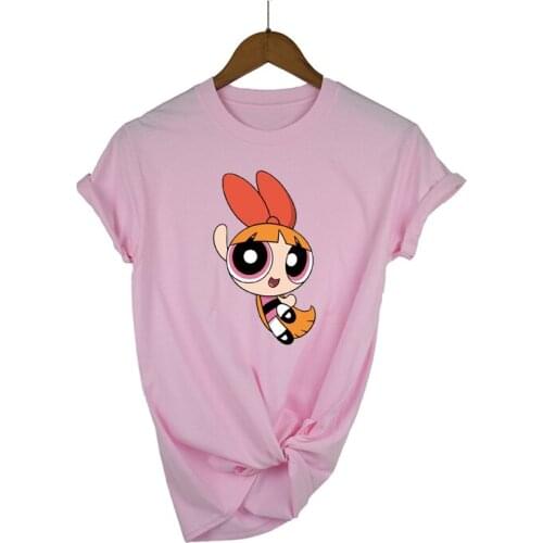 New Summer Kawaii white Tops Powerpuff T Shirt Girls Harajuku Funny Cartoon Printed Cute T-shirts Womens Fashion Clothing