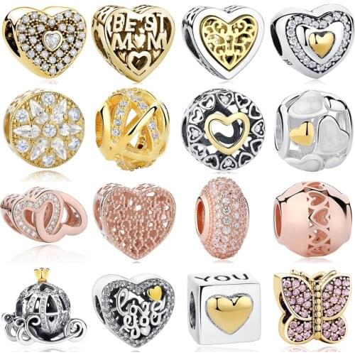 DIY Silver Charm Fit Original Bracelet 925 Sterling Silver Charm Rose Gold MOM Love Heart Butterfly Crystal Bead Jewelry