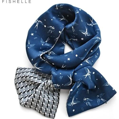 Deep blue printed cartoon bird long 100% silk scarf women foulard hijab headband girls bandana ribbon hair scarves gift for lady