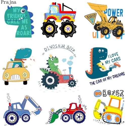 Prajna Cartoon Car Dinosaur Iron On Transfer For Clothes Stripes Vinyl Heat Transfer Iron On Patches Sticker On Clothes Applique